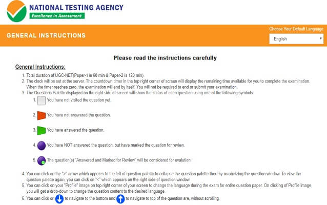 NTA UGC NET Mock Test instructions