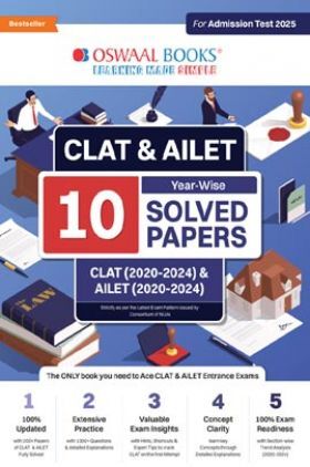 Oswaal CLAT & AILET 10 Previous Years Solved Papers - Year-Wise | CLAT (2020 -2024) & AILET (2020 - 2024) For Admission Test 2025